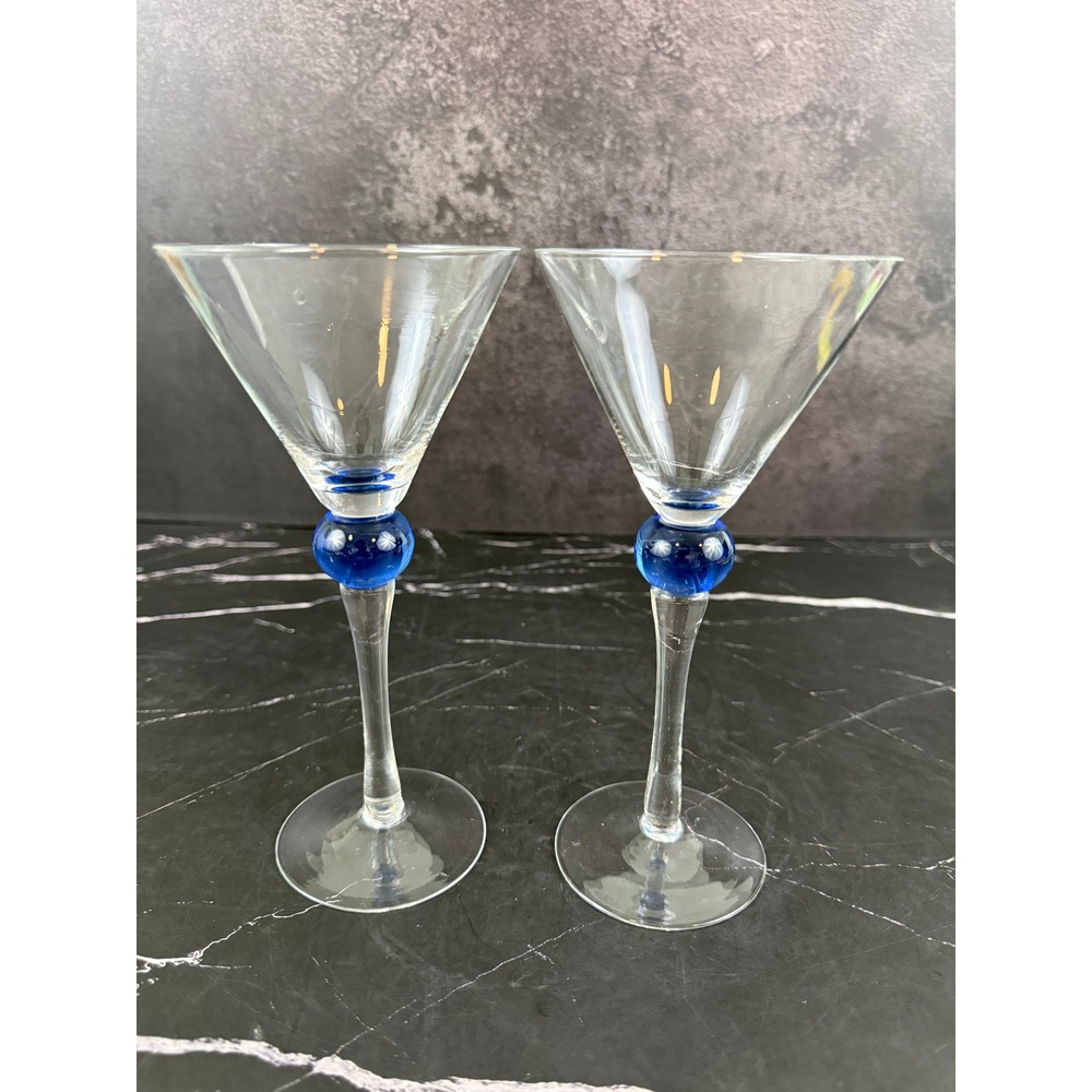 Vintage PAIR (2) Martini Glasses with Blue Ball on Stem 7 1/2in